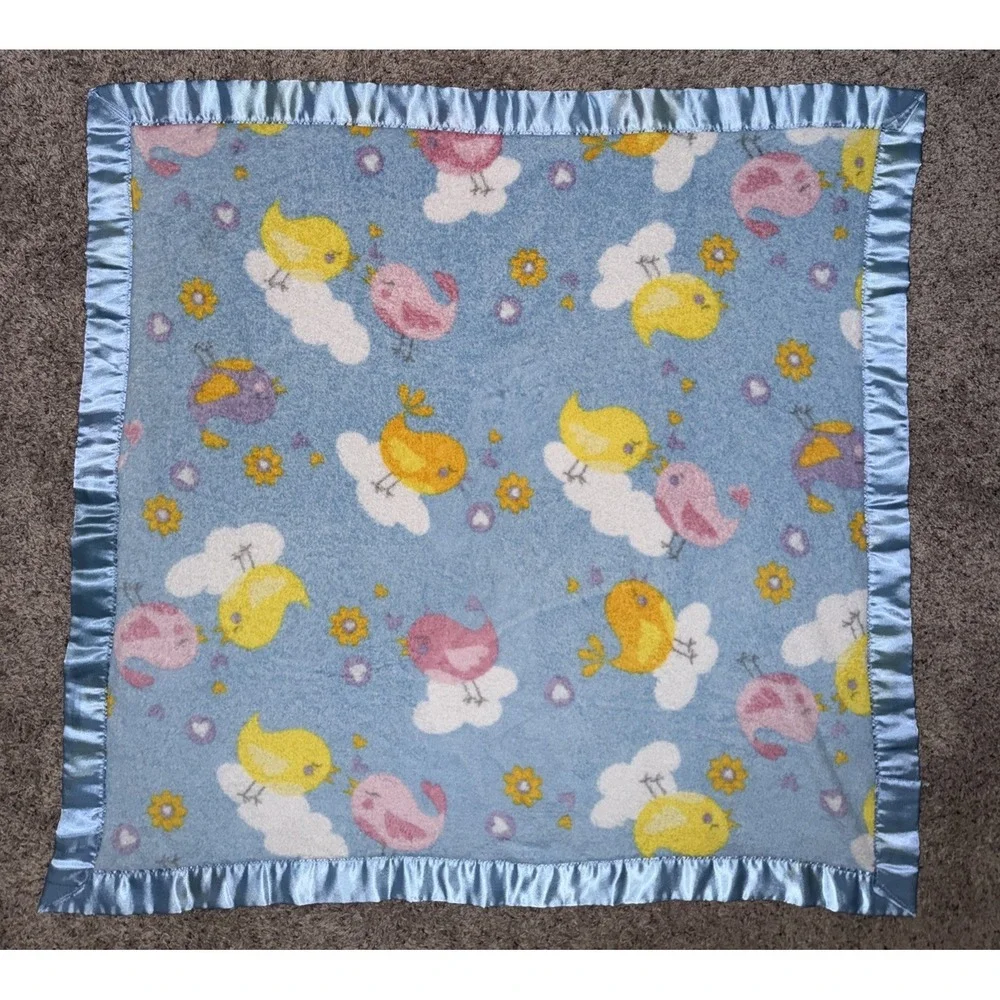 Baby Fleece Blanket Satin Trim Birds Clouds Nursery Security Blanket Blue 40x40